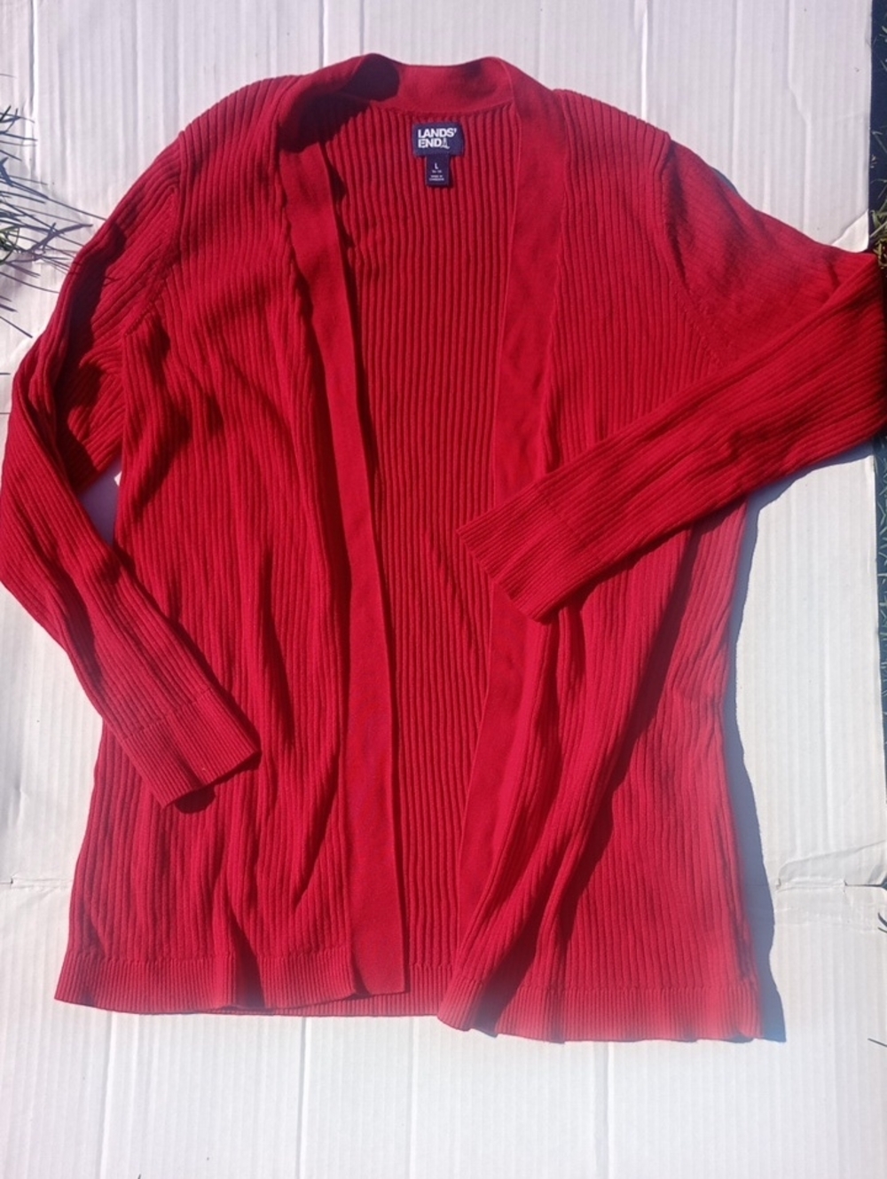 Large Lands' End Women's Open-Front Red Long Sleeve Ribbed Cardigan Sweater